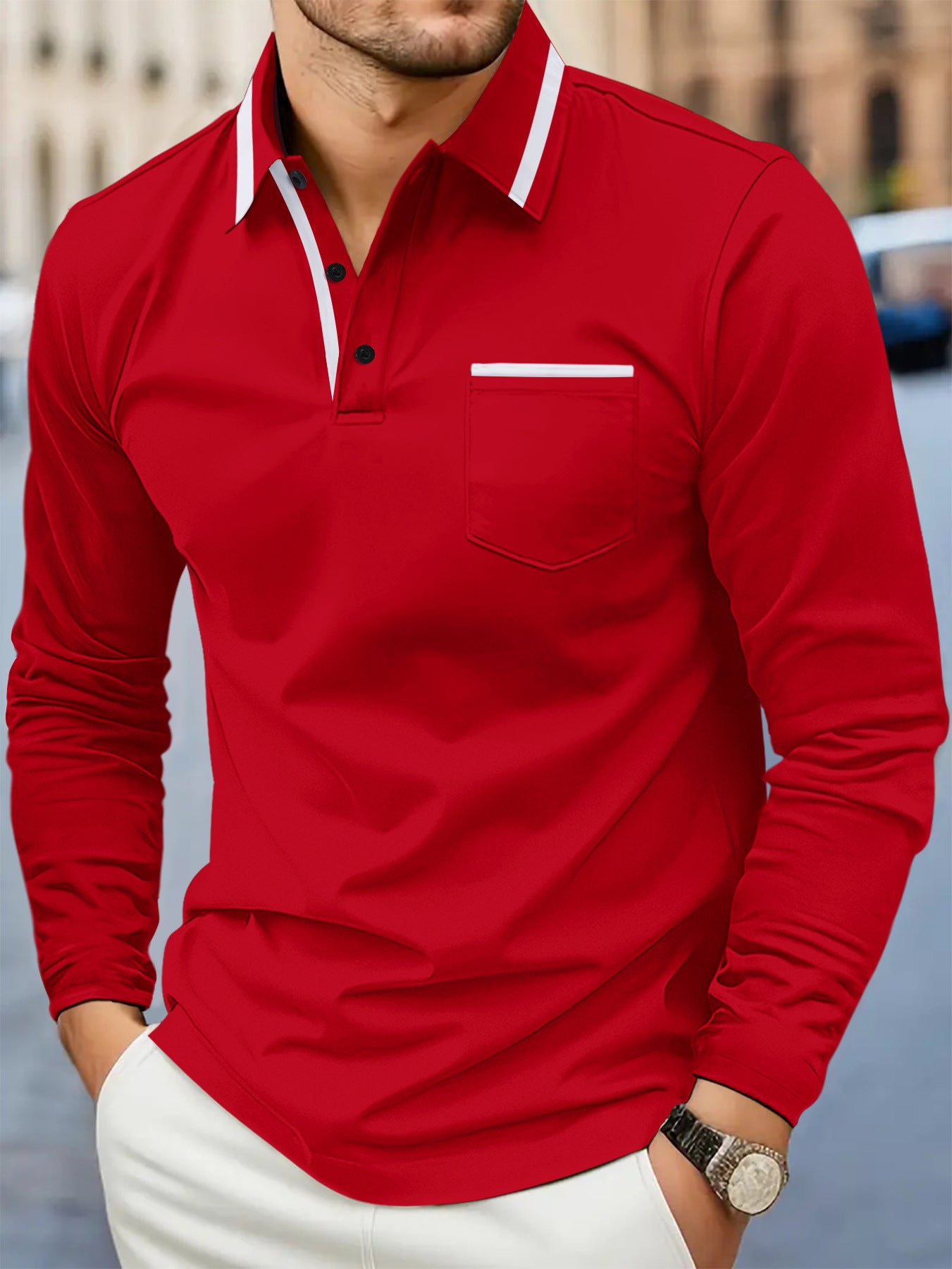European And American Men's Spring And Autumn Daily Casual Patchwork Pocket Solid Color Lapel Long Sleeve Plus Size Polo Shirt