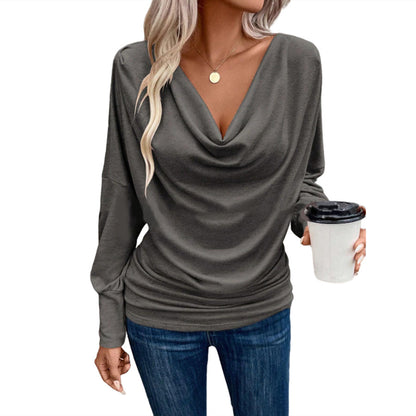Women's V-neck Pile Collar Solid Color Knitted Long Sleeve Loose T-shirt