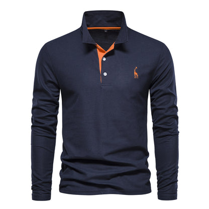 Men's Fashion Casual Polo Collar Deer Embroidered Long Sleeve