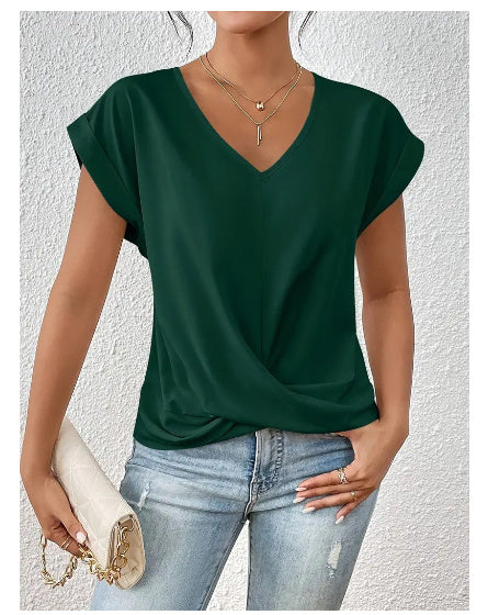 Fashion V-neck Short-sleeve T-shirt Summer Casual Irregular Knot Top For Women Clothing