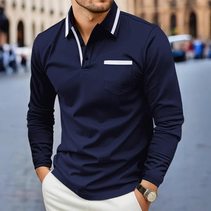 European And American Men's Spring And Autumn Daily Casual Patchwork Pocket Solid Color Lapel Long Sleeve Plus Size Polo Shirt