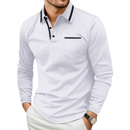European And American Men's Spring And Autumn Daily Casual Patchwork Pocket Solid Color Lapel Long Sleeve Plus Size Polo Shirt