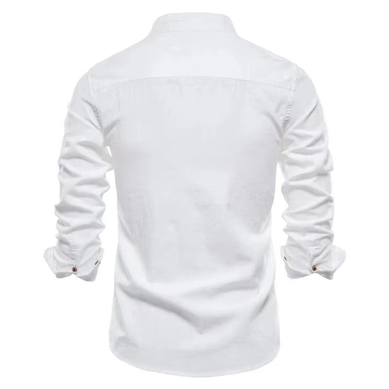 Men's Cotton And Linen Casual Fashion Solid Color Long Sleeve Henley Shirt