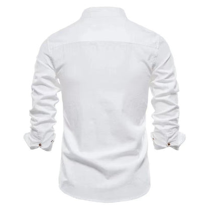 Men's Cotton And Linen Casual Fashion Solid Color Long Sleeve Henley Shirt