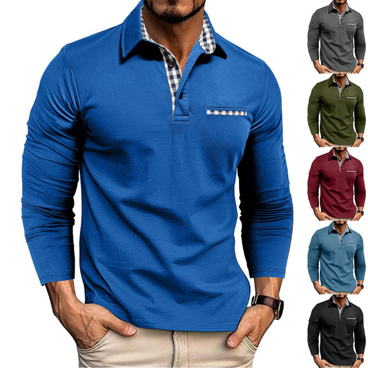 Casual Plaid Splicing Lapel Polo Shirt Fashion Solid Color Long Sleeve Top Men's Clothing