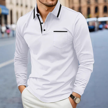 European And American Men's Spring And Autumn Daily Casual Patchwork Pocket Solid Color Lapel Long Sleeve Plus Size Polo Shirt