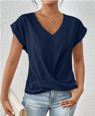 Fashion V-neck Short-sleeve T-shirt Summer Casual Irregular Knot Top For Women Clothing