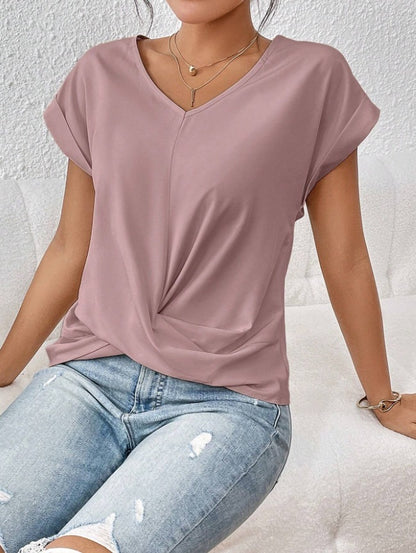 Fashion V-neck Short-sleeve T-shirt Summer Casual Irregular Knot Top For Women Clothing